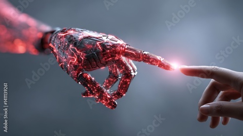 Obraz na płótnie Technological evolution robotic hand and human touch futuristic setting digital art close-up connection concept w salonie