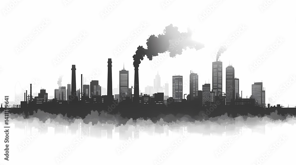 Obraz premium Urban Environment Cityscape: Illustrating Industrial Pollution and Smokey Skyline in Black and White Artistry