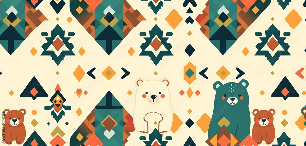 Abstract geometric tribal seamless pattern featuring cute cartoon bears Hand-drawn ethnic design with empty space, background, graphic Abstract geometric tribal seamless pattern featuring cute cartoon bears Hand-drawn ethnic design with empty space, background, graphic