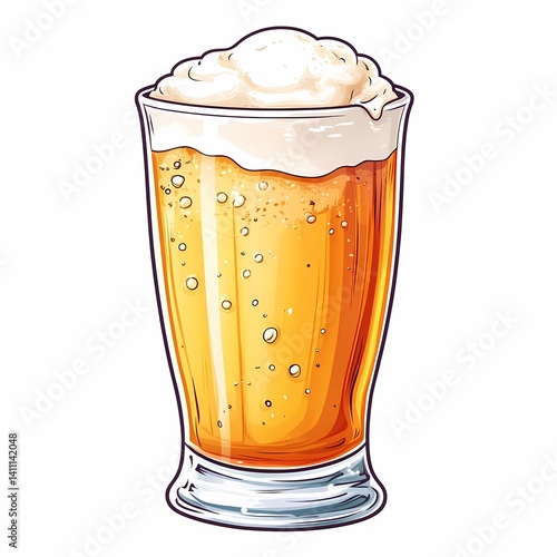 Craft Beer Festival Celebration: Cold Amber Pint with Frothy Suds and Traditional Malt Illustrations