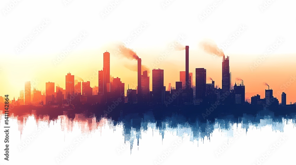 Obraz premium Urban Cityscape Silhouette at Sunset: Capturing Eco-Friendly Metropolis Amidst Industry and Pollution