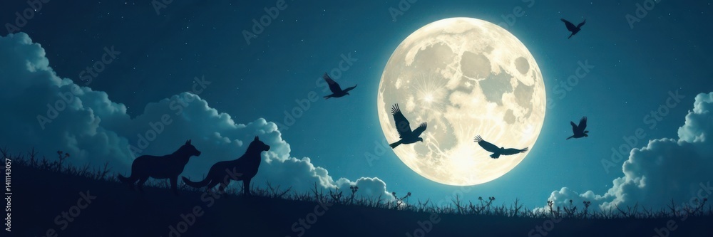 Flying creatures in silhouette against full moon, , lunar glow Flying creatures in silhouette against full moon, , lunar glow
