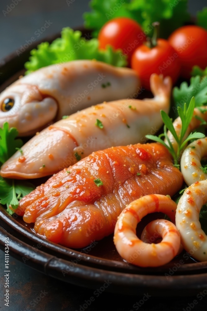 Fresh seafood platter with fish and squid in a bowl, ready for cooking , seafood platter, seafood dishes Fresh seafood platter with fish and squid in a bowl, ready for cooking , seafood platter, seafood dishes