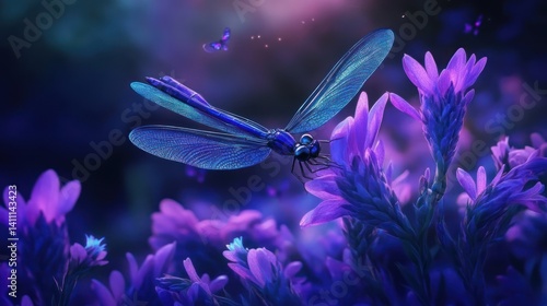 A stunning blue dragonfly lands on beautiful purple blooming flowers