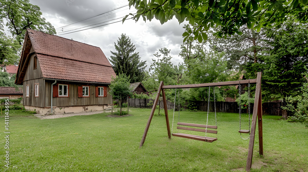 Rustic Wooden House With Swing Set In Garden Rustic Wooden House With Swing Set In Garden
