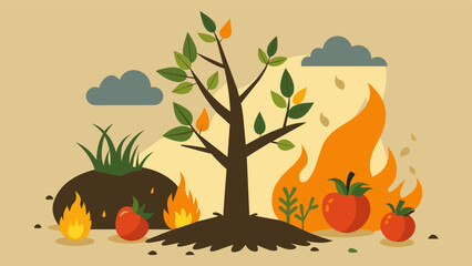 Crédence de cuisine  The charred remnants of trees and plants serve as a grim reminder of the countless species of fruits vegetables and edible plants that have been lost due to the wildfires. The. Vector illustration  © Justlight