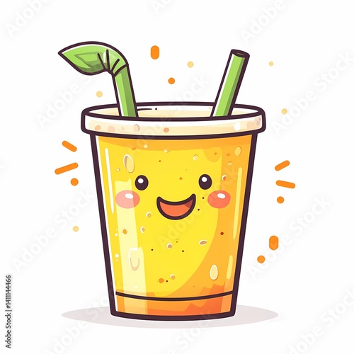 Cute Cartoon Character Sipping Fresh Orange Juice: A Vibrant Summery Beverage Illustration