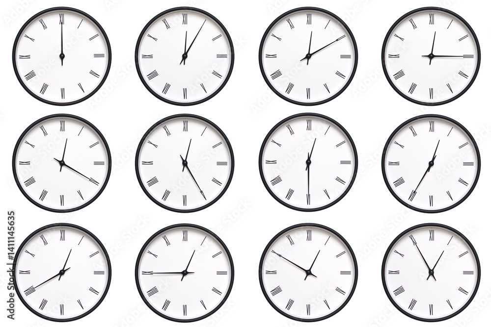 A set of 12 wall clocks with black frames and Roman numerals, each displaying a different time from 00:00 to 00:55 or 12:00 to 12:55. ideal for timekeeping, schedule management, and daily routines. A set of 12 wall clocks with black frames and Roman numerals, each displaying a different time from 00:00 to 00:55 or 12:00 to 12:55. ideal for timekeeping, schedule management, and daily routines.