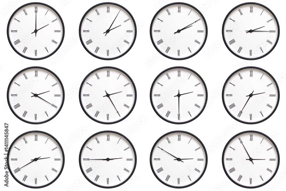 A set of 12 wall clocks with black frames and Roman numerals, each displaying a different time from 02:00 to 02:55 or 14:00 to 14:55. ideal for timekeeping, schedule management, and daily routines. A set of 12 wall clocks with black frames and Roman numerals, each displaying a different time from 02:00 to 02:55 or 14:00 to 14:55. ideal for timekeeping, schedule management, and daily routines.