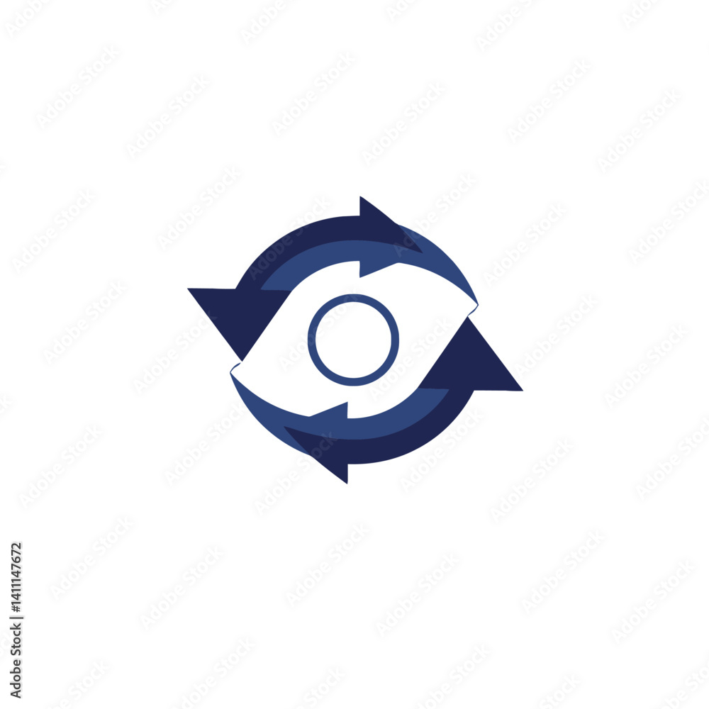 Fototapeta premium Blue arrows rotating around a central circle, a symbol of process, cycle and refresh