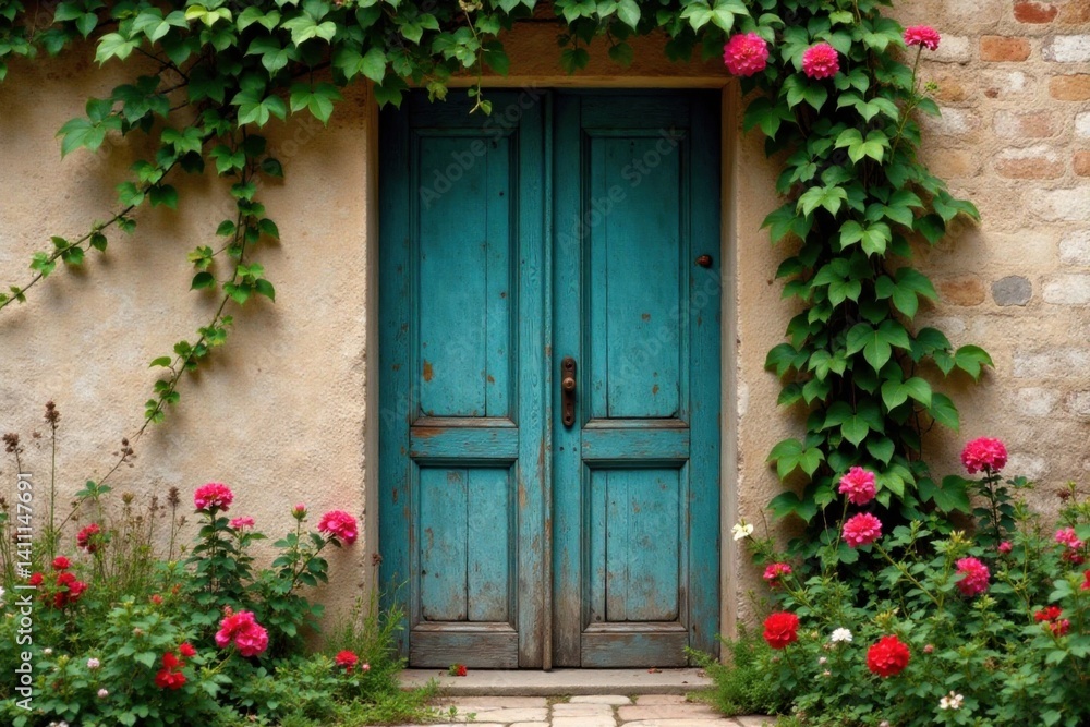 Old, weathered wooden door with vines and flowers, plants, entwined Old, weathered wooden door with vines and flowers, plants, entwined