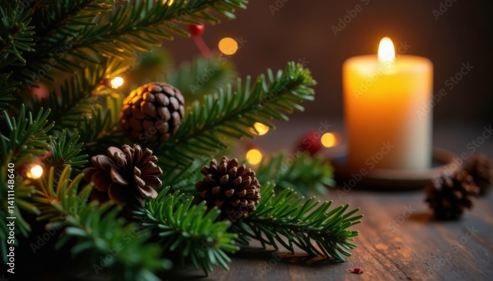 Lush fir branches with pine cones and mistletoe in a warm candlelit room, christmas, rustic Lush fir branches with pine cones and mistletoe in a warm candlelit room, christmas, rustic