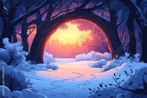 Winter Wonderland: Enchanting Snowy Forest with Magical Sunset - Fantasy Scenery in Ethereal Light
