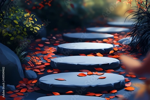 Tranquil Stone Pathway: Autumn Leaves Illuminate a Peaceful Garden Escape