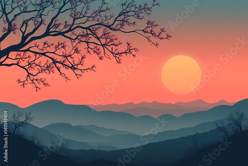 Tranquil Sunset Mountains Landscape: Vibrant Nature Illustration Background