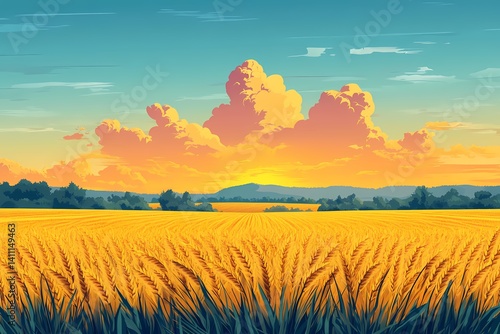 Serene Summer Sunset Over Vibrant Wheat Field: A Picturesque Rural Landscape with Fluffy Clouds and Stunning Horizon