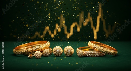 Exquisite Gold Jewelry with Diamonds on a Luxurious Green Background
