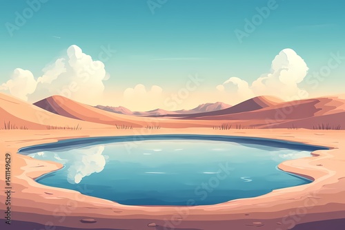 Desert Oasis Reflection: Serene Sunset Landscape with Vibrant Sky and Tranquil Water