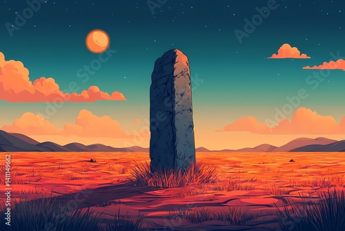 Monolith in Desert Landscape: Digital Art of Geometric Rock Formations under Moonlit Night Sky at Sunset