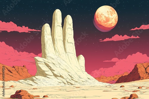 Surreal Hand Sculpture in Desert Landscape with Moonlit Sky - Vibrant Outdoor Art and Fantasy Adventure Image