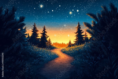 Mystical Starry Night in the Forest: Vibrant Colors of Nature and Adventure