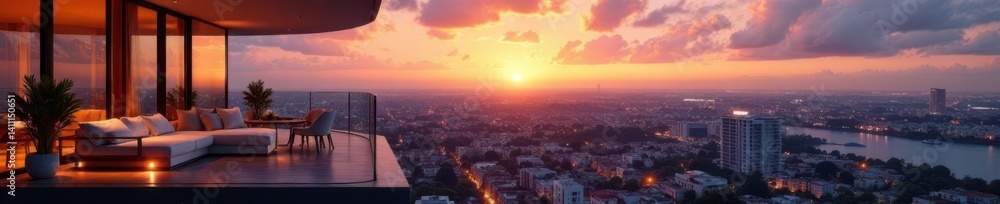Modern luxurious apartment with a spacious balcony overlooking cityscape at sunset, luxury living, panoramic views Modern luxurious apartment with a spacious balcony overlooking cityscape at sunset, luxury living, panoramic views