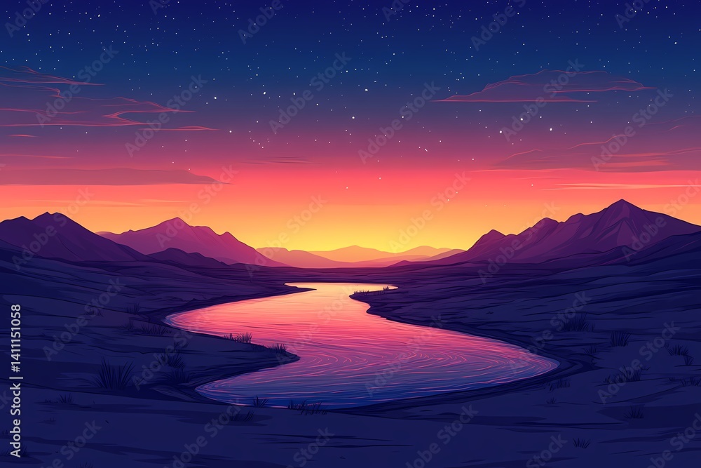 Serene Sunset Landscape with Vibrant Evening Sky Over a Meandering River and Mountain Silhouette: Breathtaking Nightfall Nature Illustration Serene Sunset Landscape with Vibrant Evening Sky Over a Meandering River and Mountain Silhouette: Breathtaking Nightfall Nature Illustration