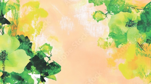 A blank page with vibrant lime green and soft rose risograph floral silhouett...