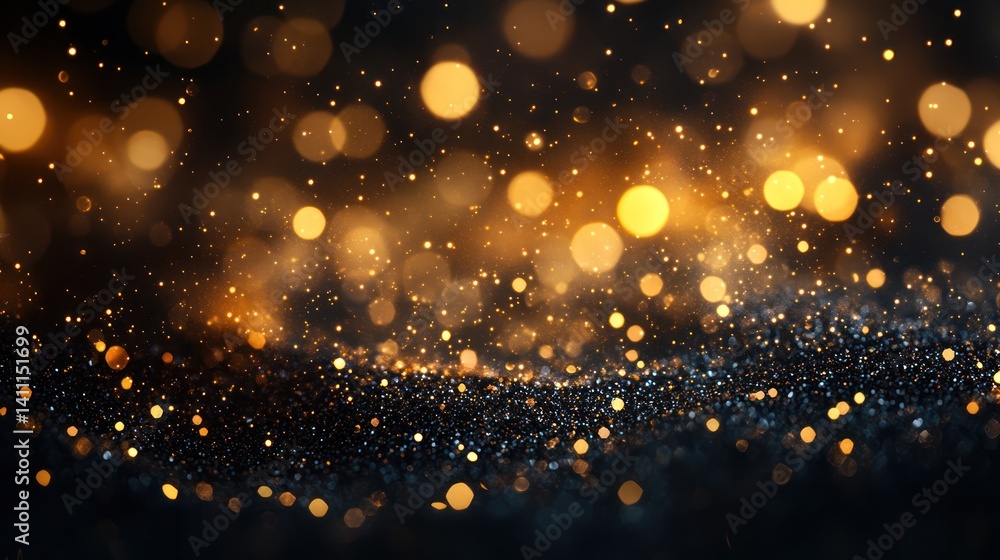 Naklejka premium Golden glitter bokeh, dark background, sparkling texture, festive design, website header