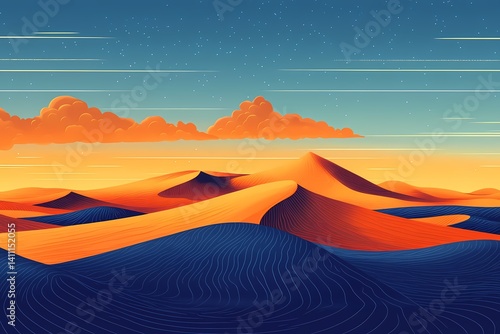 Abstract Sunset Desert Landscape: Vector Art Showcasing Sand Dunes, Gradient Skies, and Tranquil Scenery