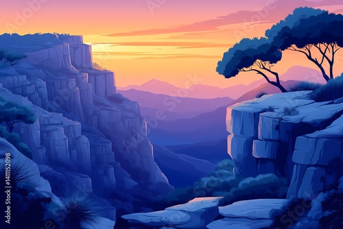 Scenic Vector Landscape Illustration of a Sunset Over Rocky Mountains with Dramatic Sky