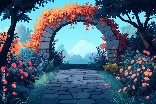 Serene Stone Pathway Through Archway Flowers in a Vibrant Autumn Garden – Captivating Nature Scenery and Idyllic Escape