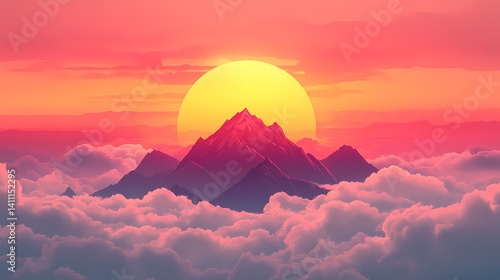 Sunrise Over Mountains: Dramatic Pink Sky and Majestic Peaks in a Tranquil Scenic Landscape