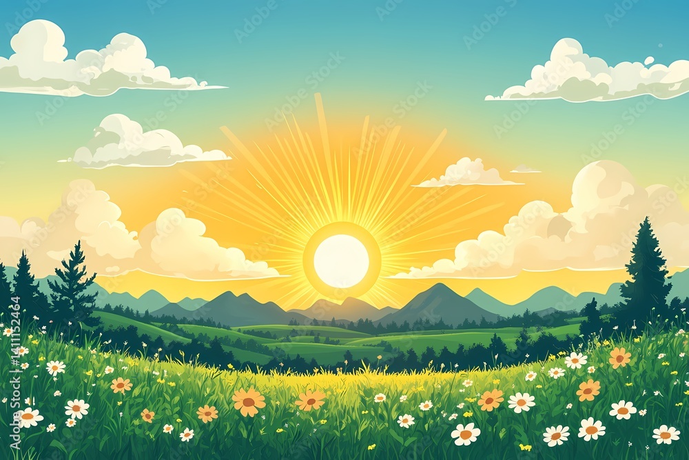 Fototapeta premium Tranquil Sunrise Over Vibrant Spring Meadow: Digital Art Landscape with Blooming Wildflowers and Mountain Views