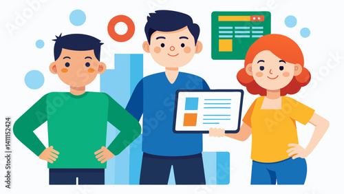 A teenage boy proudly presenting the first demo of his teams software prototype to his parents showcasing the progress they have made so far.. Vector illustration