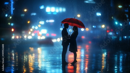 Romantic couple under one umbrella silhouetted by city lights reflecting off rain soaked streets Cozy love rainy romance