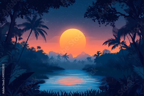 Sunset Reflections: Vibrant Tropical River Landscape with Silhouetted Palms and Colorful Sky - Serene Nature Scene for Peaceful Getaway