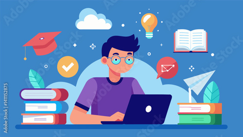 A student studying for an exam utilizing augmented reality data to create an interactive study guide with visual aids and key concepts floating in front of them.. Vector illustration