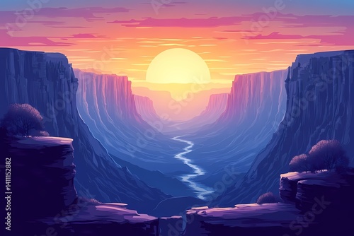Vibrant Sunset Over Canyon River: A Tranquil Digital Art Panorama with Mystical Sky & Scenic Wilderness