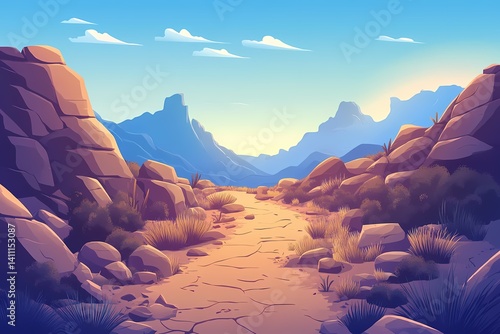 Stunning Digital Art of Arid Wilderness Pathway in Vibrant Sunset Colors - Desert Mountain Range Landscape Illustration