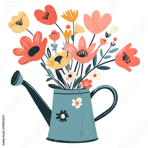 Spring flowers in a watering can art illustration arrangement vector