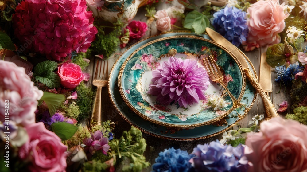 Fototapeta premium Opulent rococo-inspired still life featuring a plate with a beautiful flower artfully arranged for an elegant display