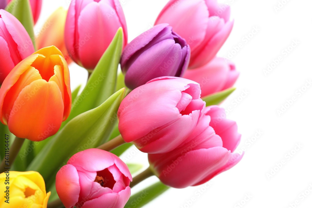 Obraz premium bunch of colorful tulips in a vase on a white background
