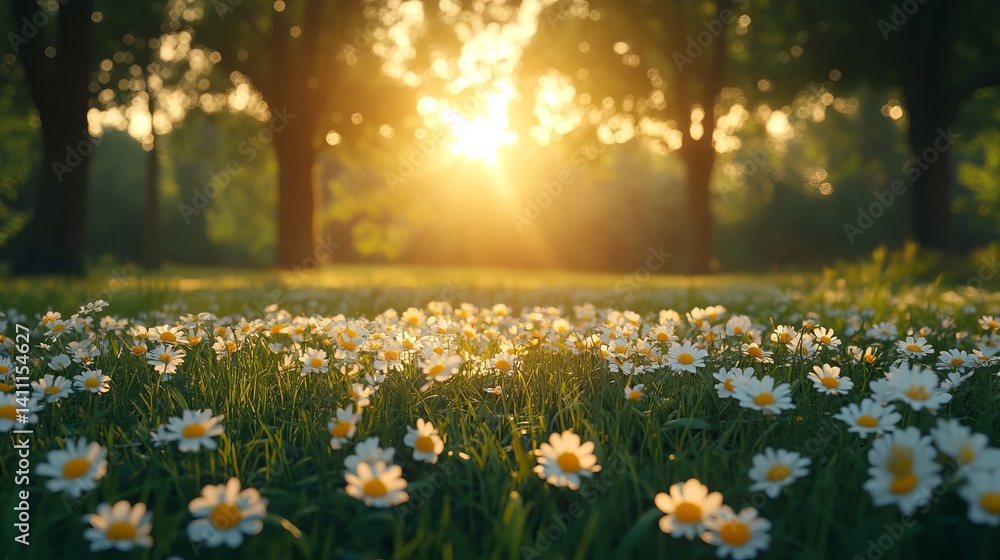 Obraz premium A field of daisies under a bright sun with trees in the background creating a peaceful atmosphere