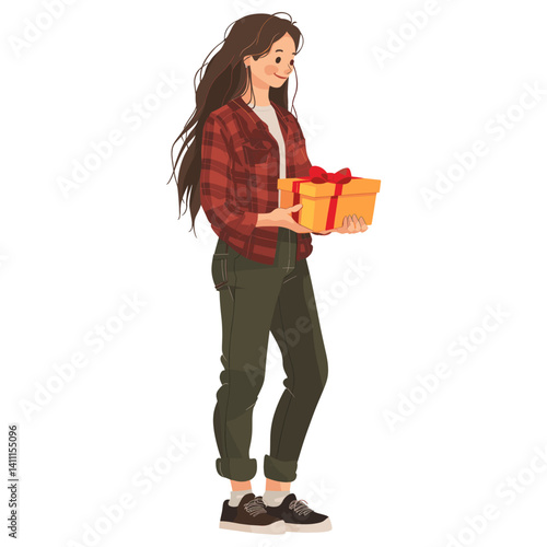 Teen woman holding a gift box illustration smiling plaid vector