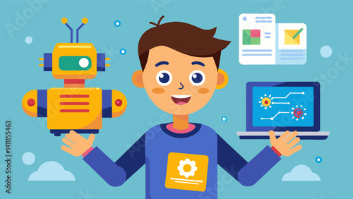 A young boy excitedly shows off his homemade robot proudly explaining how he designed and programmed it using skills he learned in his coding and circuitry class.. Vector illustration