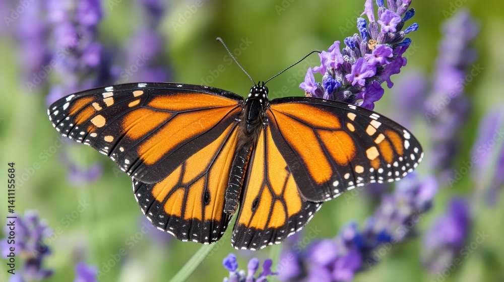 Naklejka premium Monarch butterfly lavender garden pollination nature