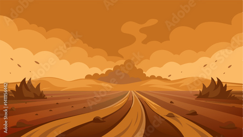 The horizon is marked by a thick layer of brown dust rising and swirling from the field a haunting image that speaks of the destruction of an entire agricultural industry.. Vector illustration
