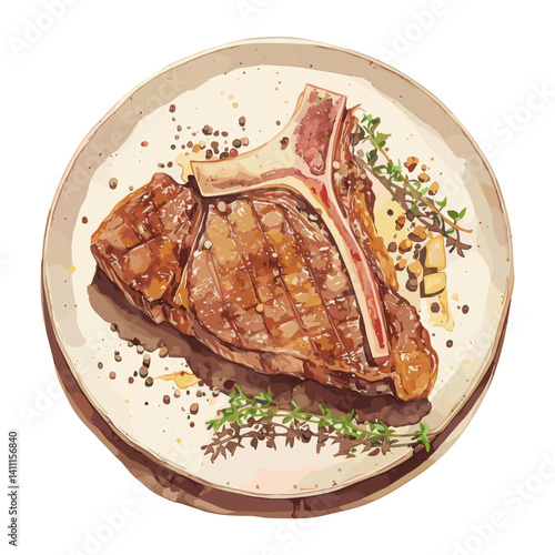 T-bone steak on plate illustration food meat vector