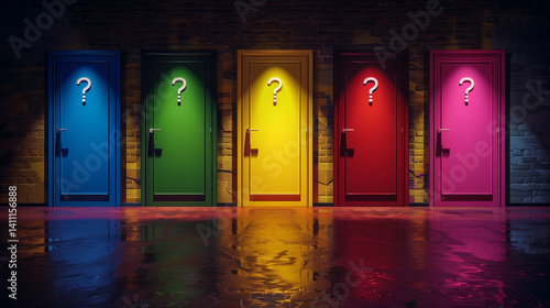 Row of multicolored doors with question marks symbolizing mystery, choice, and decision making